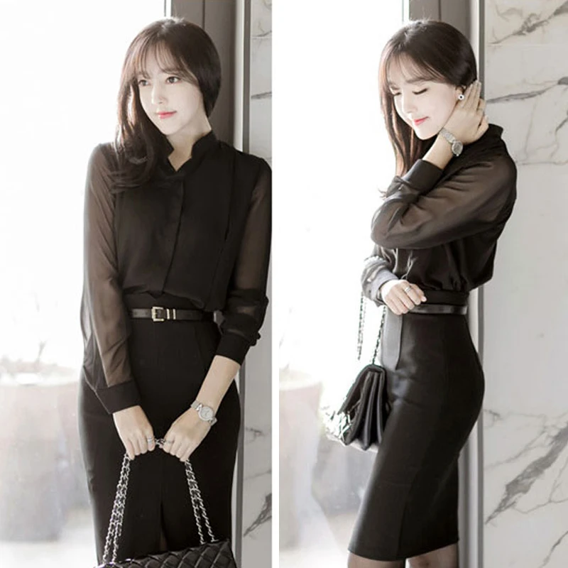 

Women Transparent Mesh Sleeve Stand Neck Solid Black Blusas Femme Button Slim Chiffon Office Lady See Through OL Blusa Shirts