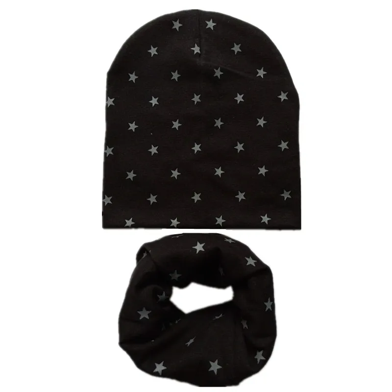Модные детские шапки, Комплект Шапочки для мальчиков и девочек с рисунком звезды, весенние теплые детские вязаные шапки с воротником, хлопковые детские шапки, шарф - Цвет: black