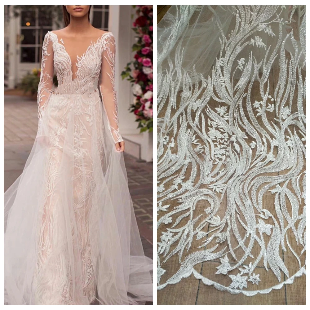 

5yards new off white fashion guipure lace fabric rayon with sequins on netting embroidered elegent wedding dress lace fabric