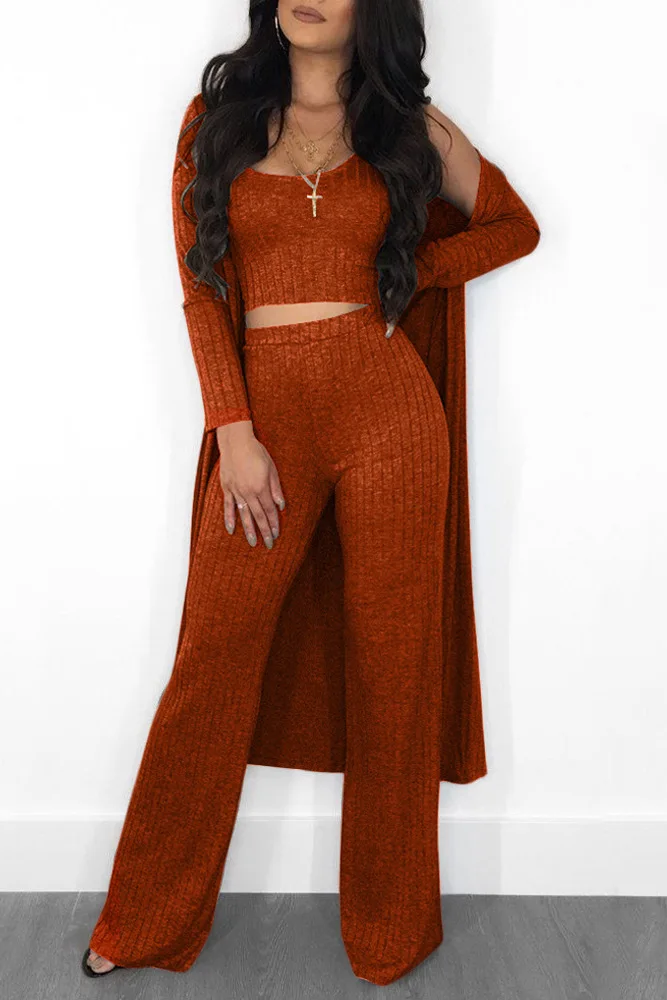 Популярный дизайн, комплект из 3 предметов, женский укороченный топ со штанами и длинным тренчем, женские комплекты - Цвет: Оранжевый