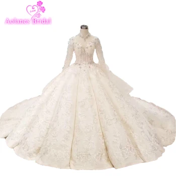 شراء2019 تصميم جديد الرقبة العالية فستان الزفاف الفاخر الكرة ثوب مشرقة كريستال الدانتيل الخرز ثوب زفاف زهرة الماس فستان زفاف