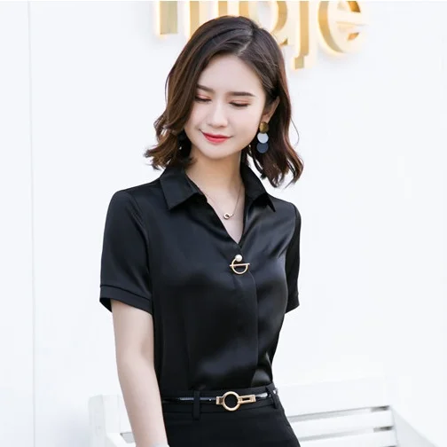 Офисные женские офисные блузки женские рубашки черные с коротким рукавом летние OL стили - Цвет: Черный