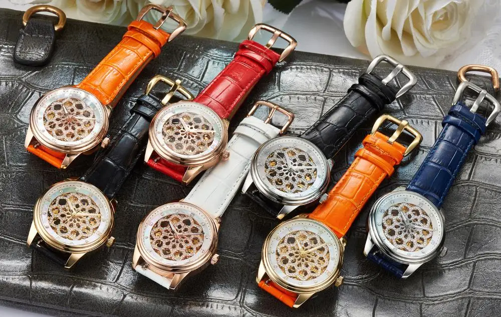 Роскошные романтические цветочные часы со скелетом, автоматические женские часы из натуральной кожи, механические наручные часы, Сияющие кристаллы, аналоговые часы