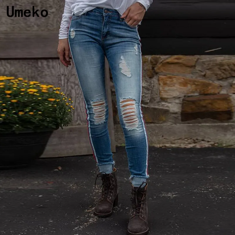 Umeko Ripped Jeans for Women Striped High Waist Skinny Distressed Jeans Denim Streetwear New Autumn Fashion Long Pants - Цвет: Синий