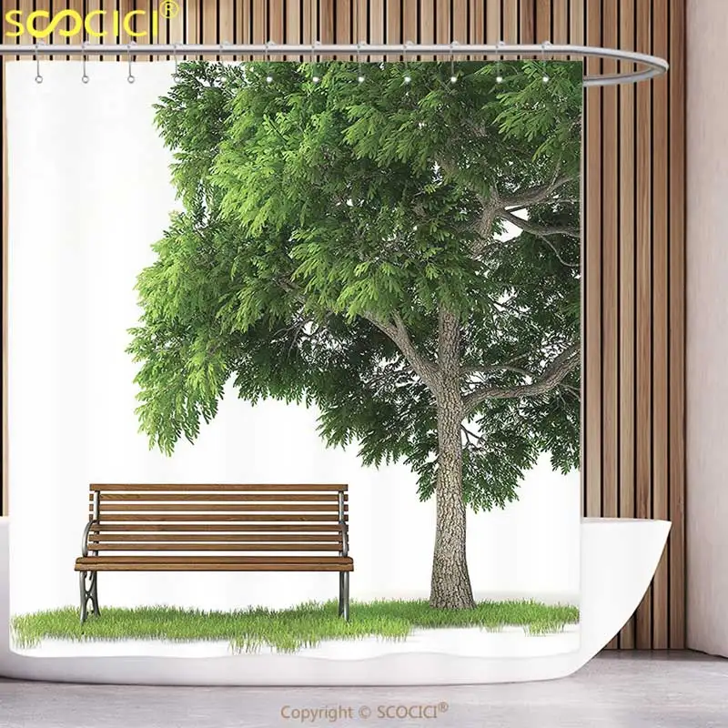 

Fun Shower Curtain Farm House Decor Collection Beach under Oak Tree Outdoor Objects Habitat Grass Foliage Wood Environment Conce