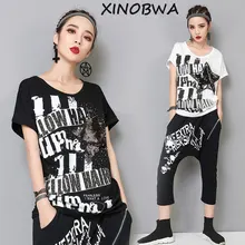 Американский стиль, новинка, летние Для женщин высокое уличный стиль рукав «летучая мышь» cтразы россыпью футболка Топы с принтом букв рубашки с бисером