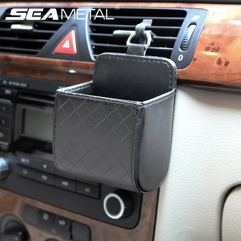 

SEAMETAL Auto Vent Outlet Trash Box PU Leather Car Mobile Phone Holder Storage Bag Organizer Automobile Hanging Box Car Styling