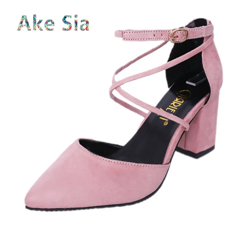 

2019 new pointed pink high-heeled Sandalia Feminina with thick straps wild students Roman sandals female summer Suede scrub s017