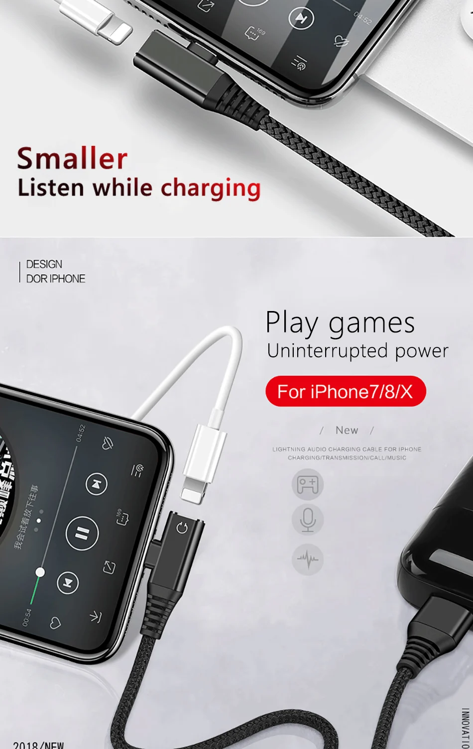 Mini 2 in 1 Dual Lighting Audio Charger Connecter For iphone X 8 7 Plus XS MAX XR Charge Adapter AUX Splitter Cable 1 (4)