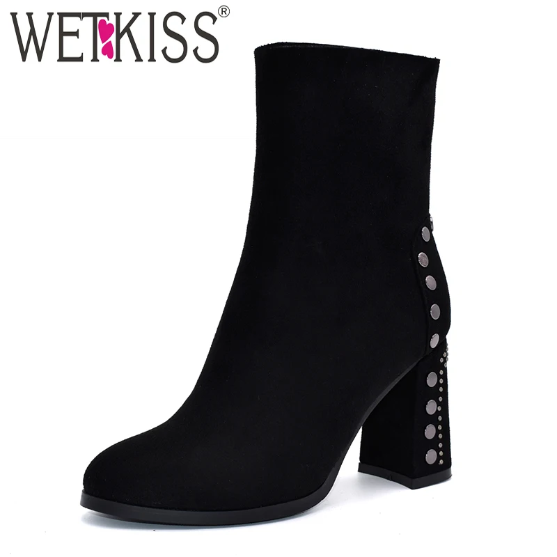 

WETKISS Winter High Heels Women Ankle Boots Round Toe Rivet Footwear Flock Female Boot Shoes Women 2018 New Plus Size 34-42