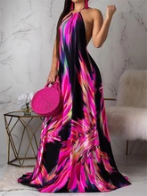 2019 Women Elegant Fashion Plus Size Casual Sleeveless Summer Party Boho Dress Halter Colorful Print Open Back Maxi Dress geo print open back halter dress