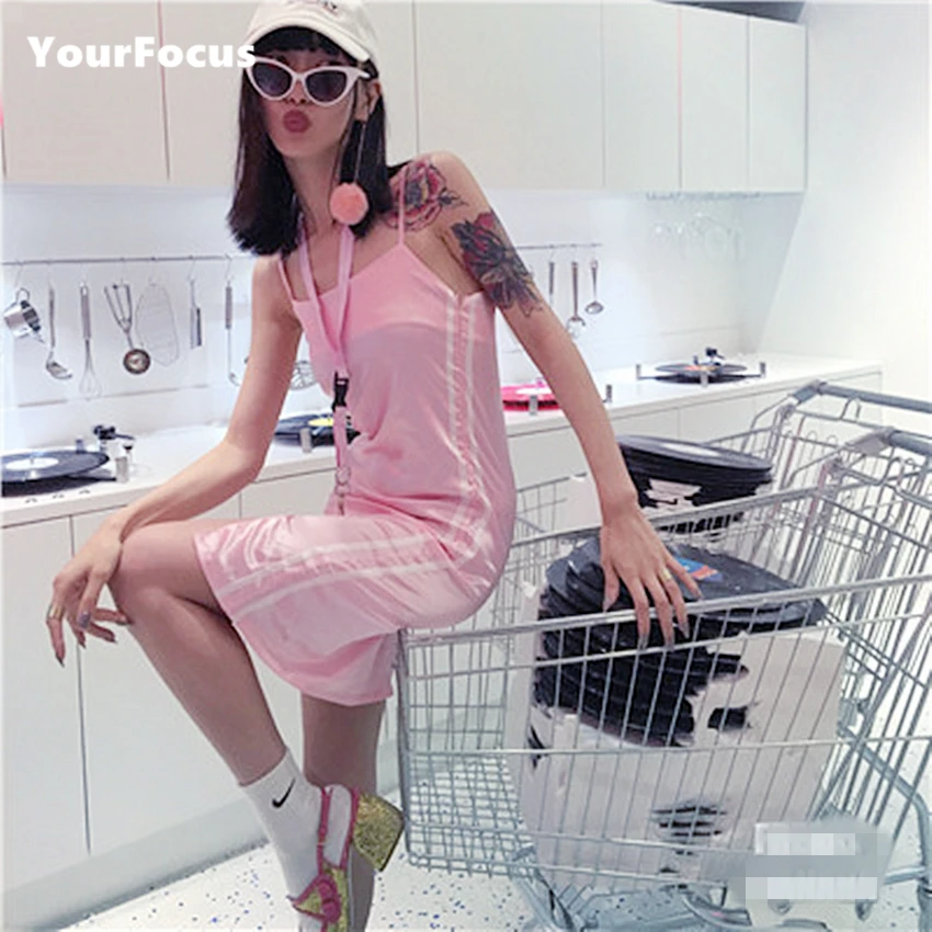 

4 colors 2018 summer hiphop American street style mitation silk satin side stripes spaghetti strap dress casual harness dress