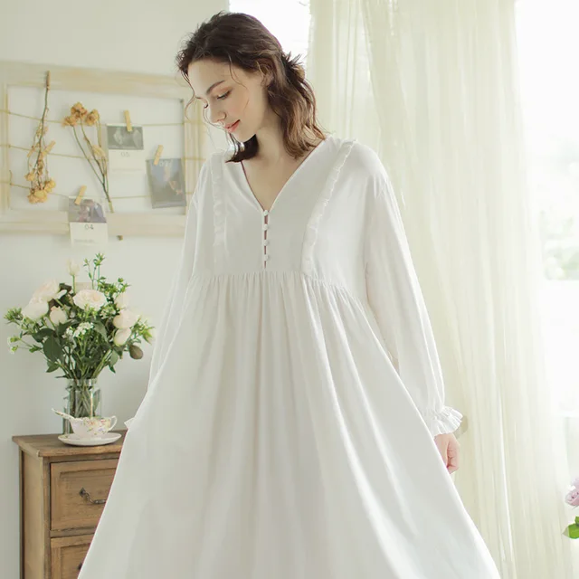 Buy New White Cotton Long Nightgowns For Women V neck