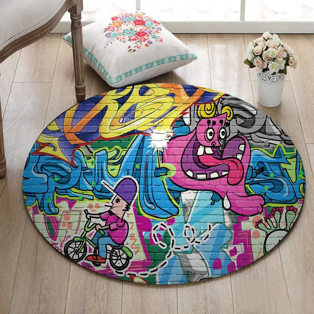 

LB Cartoon Graffiti On Brick Wall Round Indoor Floor Mat Bathroom Non-slip Doormat Carpet For Kids' Bedroom Living Room Area Rug