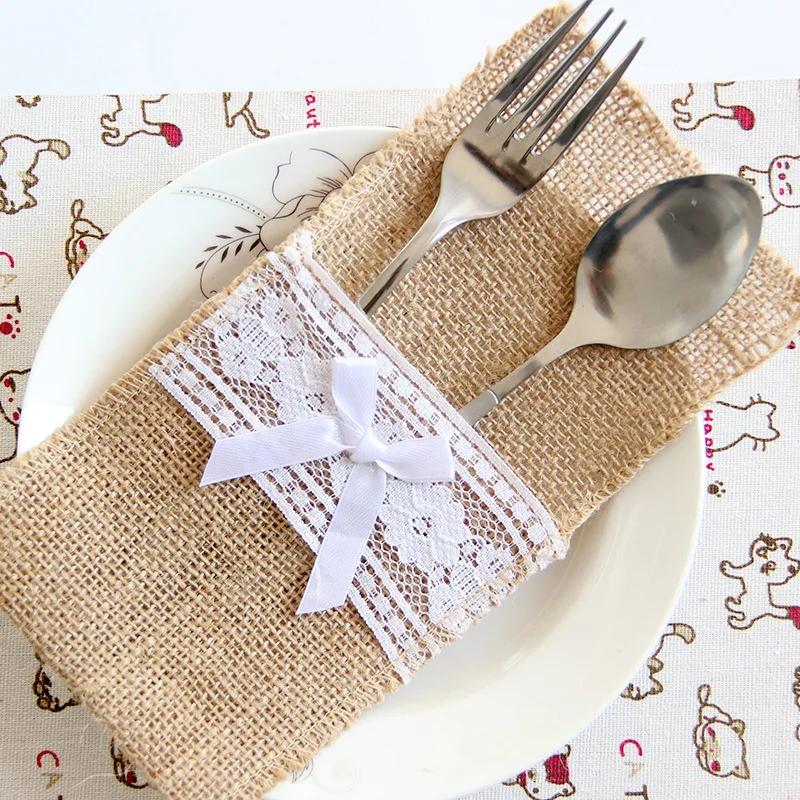 

10Pcs Tableware Packaging Fork & Knife Holder Vintage Jute Burlap Lace Pockets Chic Tableware Pouch for Wedding Party Decoration