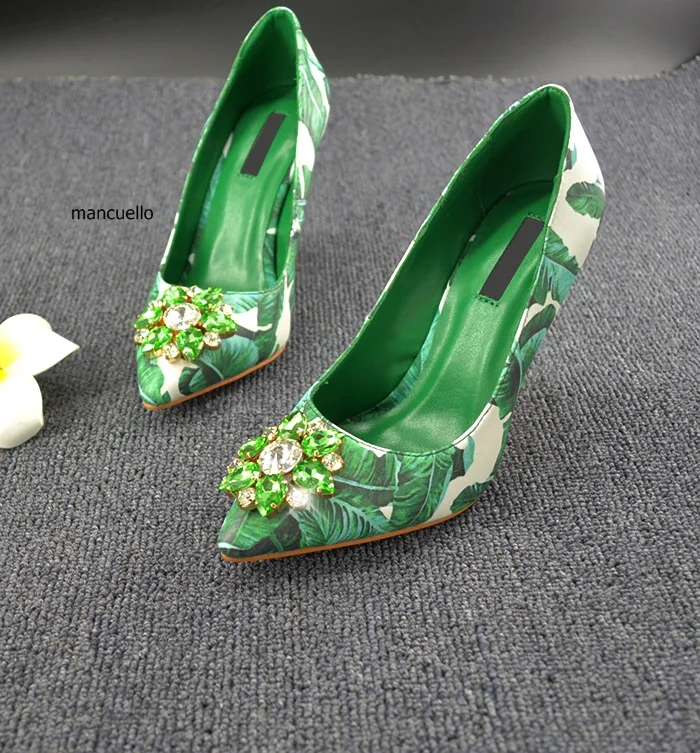 

Unique Green Glittering Crystal Thin High Heels Irresistible Women Leaves Printed Pointed Toe Pumps Pretty Shallow Shoes