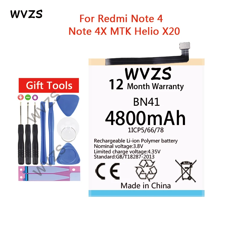 

wvzs 4800mAh Li-Polymer Battery BN41 For Xiaomi Redmi Note 4 Pro Note4 Redrice Note 4 Note 4X High-end Version Ver Batteries