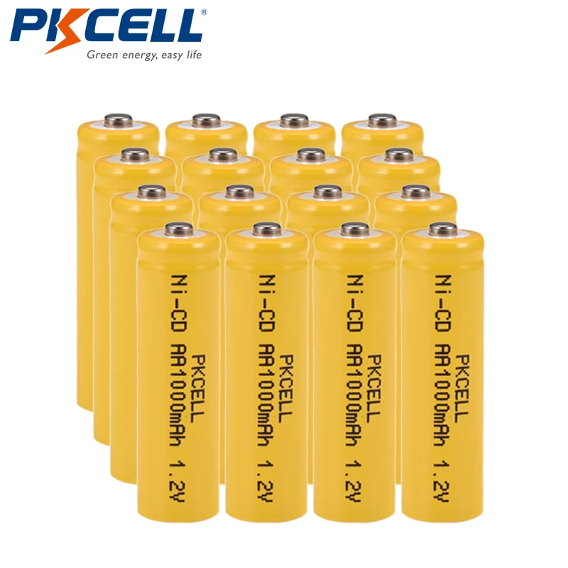 16pcs PKCELL AA NiCd Rechargeable Batteries 1000mAh 1.2V Button Top