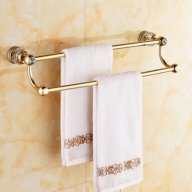

Europe Antique Towel Racks Double Layer Luxury Brass Polished Bathroom Towel Bars Gold Diamond & Crystal Bathroom Accessories