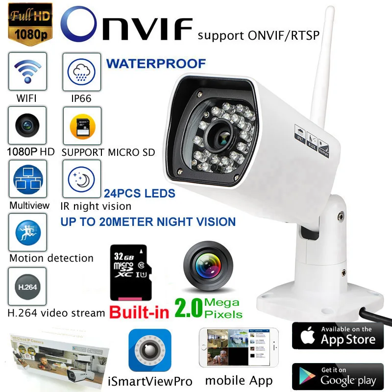Das Jaca wifi bullet IP камера 32 Гб 2mp1080P FHD P2P наружная видеонаблюдения CCTV инфракрасного