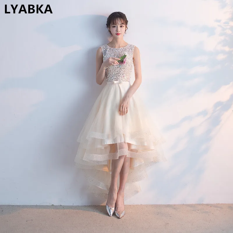

Prom Dresses Custom Made Scoop Neck Tulle With Sequined Prom Dress Lace-up Floor-length Fashion Asymmetrical Prom Dresses 2019