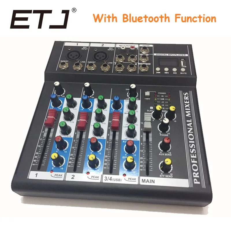

ETJ Brand 4 Channels With Bluetooth Function Audio Mixer With USB Input Sound Console DJ Equipment 48V Phantom Power Supply