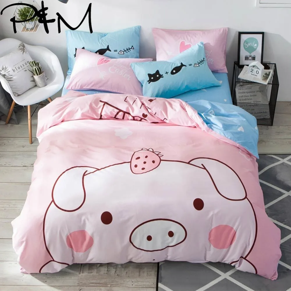 

Papa&Mima Cartoon style Cute pink pig print bedding set Cotton twin Full Queen size duvet cover flat sheet pillowcase sets