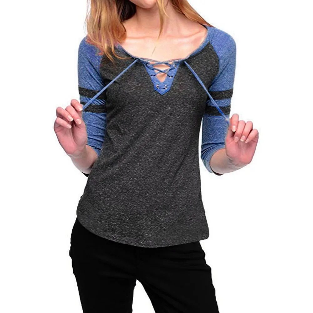

Women fashion Autumn Women O-neck Splice Tops Clothes T Shirt women clothes 2019