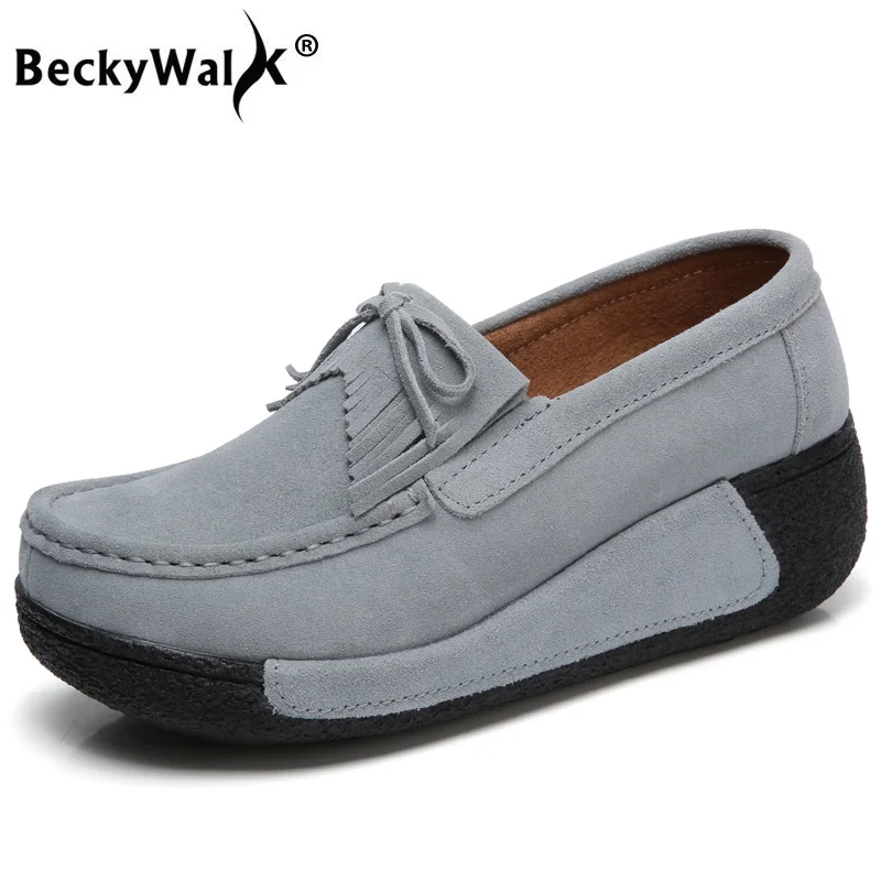 BeckyWalk Замшевые женские туфли на танкетке с бахромой весенне осенняя женская