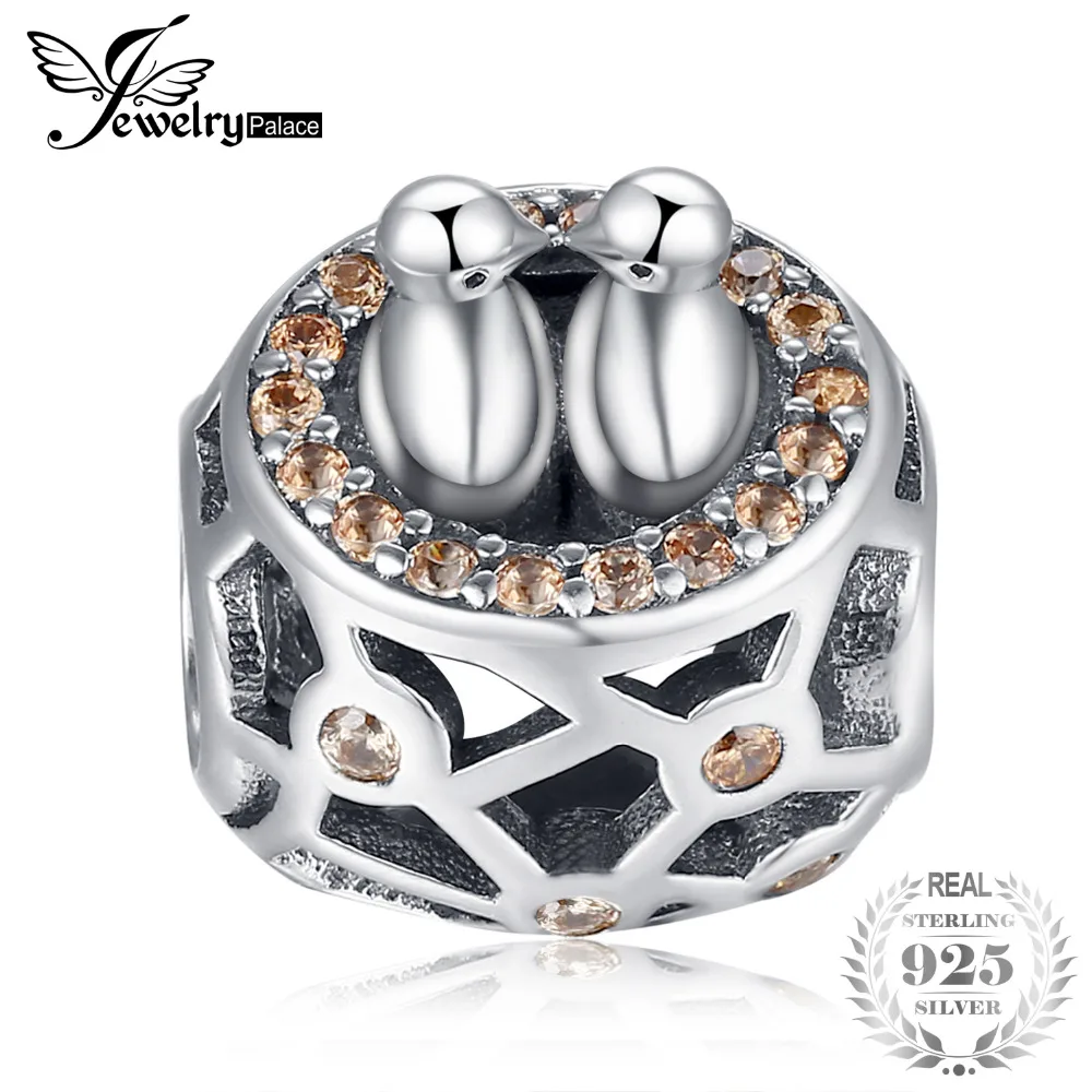 

JewelryPalace 925 Sterling Silver Champagne Cubic ZirconiaTwo Love Birds And Nest Charm Beads Fit Bracelets New Hot Selling
