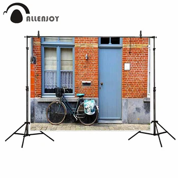 

Allenjoy Photophone photocall old Bicycle red brick house door window village photographic background for photo photocall studip