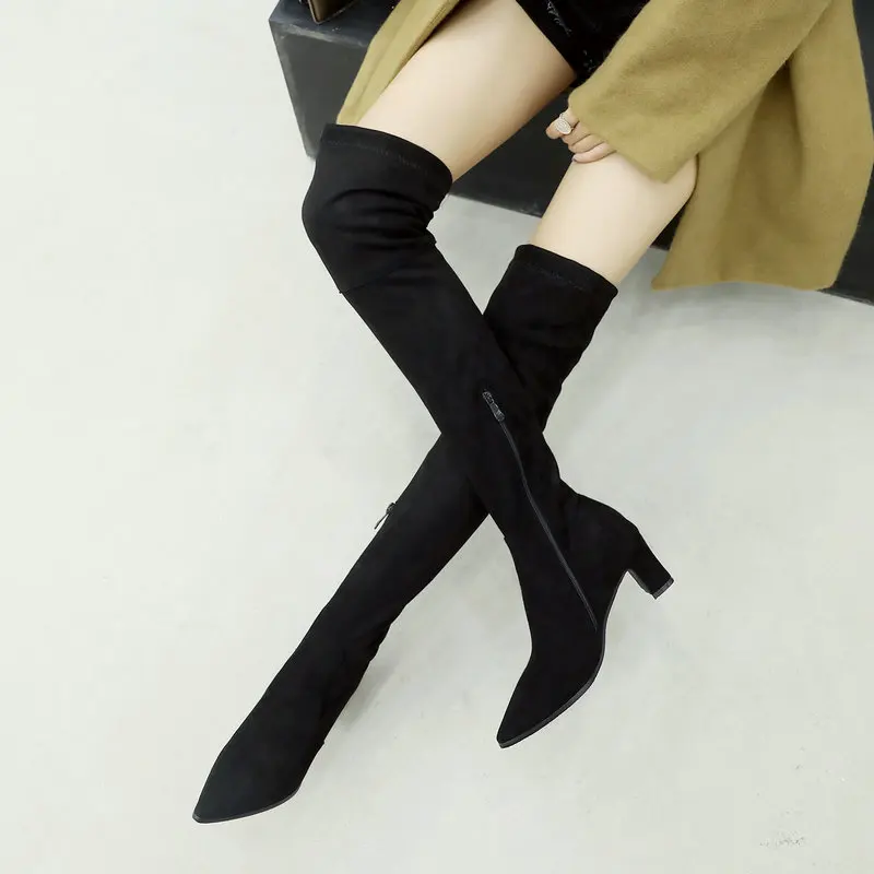 

Faux Suede Thigh Boots Winter Women Over the Knee Boots High Heels Sexy Pointed Toe Zipper Long Boots Plus Size Woman Shoes 2018