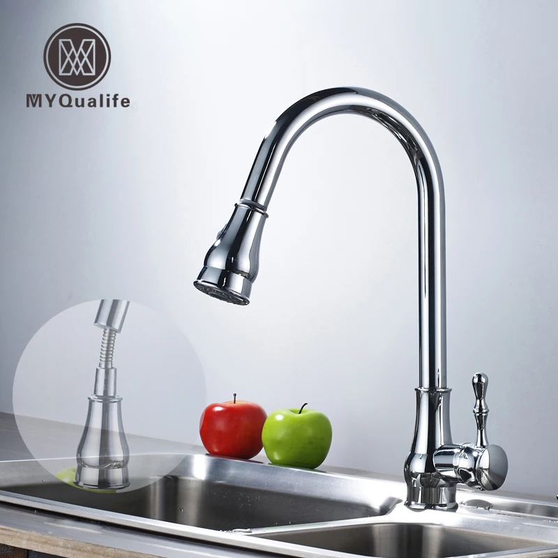 Bright Chrome Kitchen Mixer Faucet With Hot And Cold Water Pipes Pull