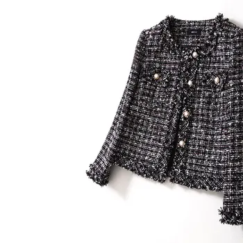 

New WT0004 spring and autumn women s wear new black style small fragrant wind lattice tweed short coat female