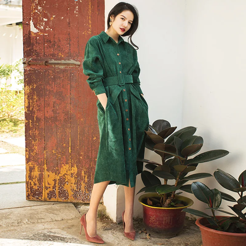 VERRAGEE Autumn Winter Long Shirt Dress Women 2018 Long Sleeve Green Blue Color Vintage Dress Pocket with Belt Vestido