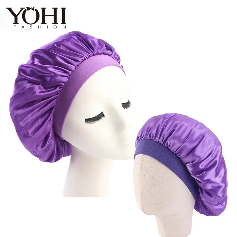 

2pcs/sets New silky bonnet cap Baby mommy elastic band Colorful Wide Doo Rag Bonnet Polyester Cap Comfortable Sleeping Hat