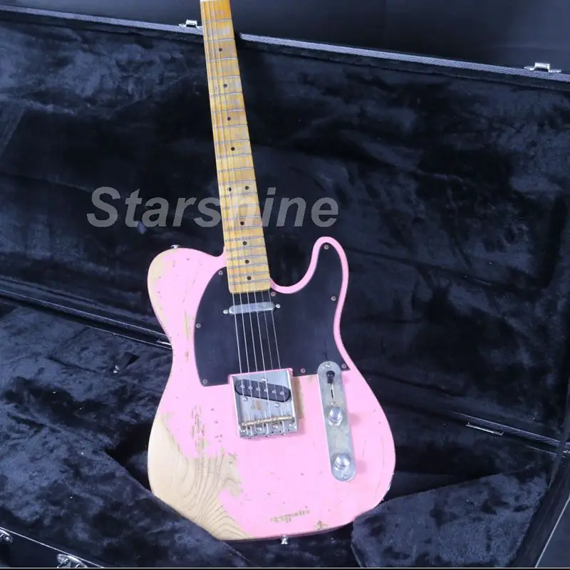 

Heavy Relic TL Electric Guitar X9-17 100% Handmade Aged Hardware Nitrolacquer Stain Finish ASH Body Vintage Tuner Pink Color