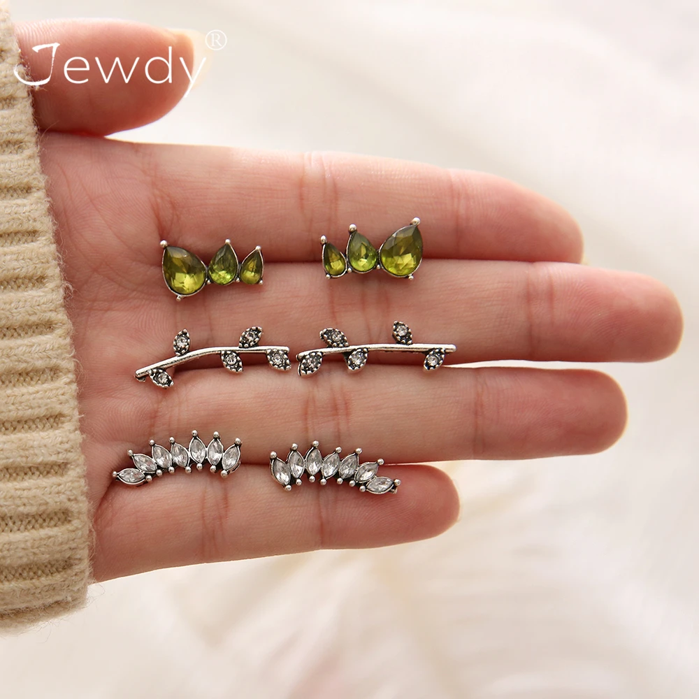 Jewdy 3 Pairs/Set Boho Inlaid Crystal Gem Leaves Water