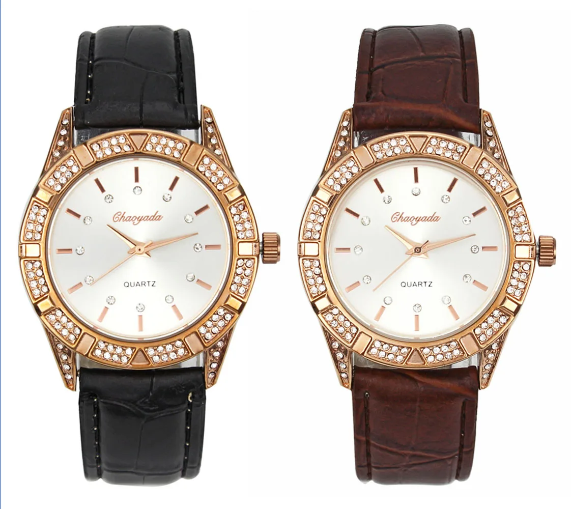 Luxury Rhinestone Rose Gold Women Ladies Girl Leather Crystal Quartz Wrist Watch