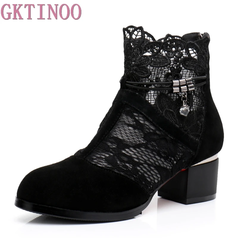 

GKTINOO Genuine Leather Women Shoes Hollow-Out Ankle Boots Mesh Summer Boots Zapatos Chaussures Femme Square High Heels