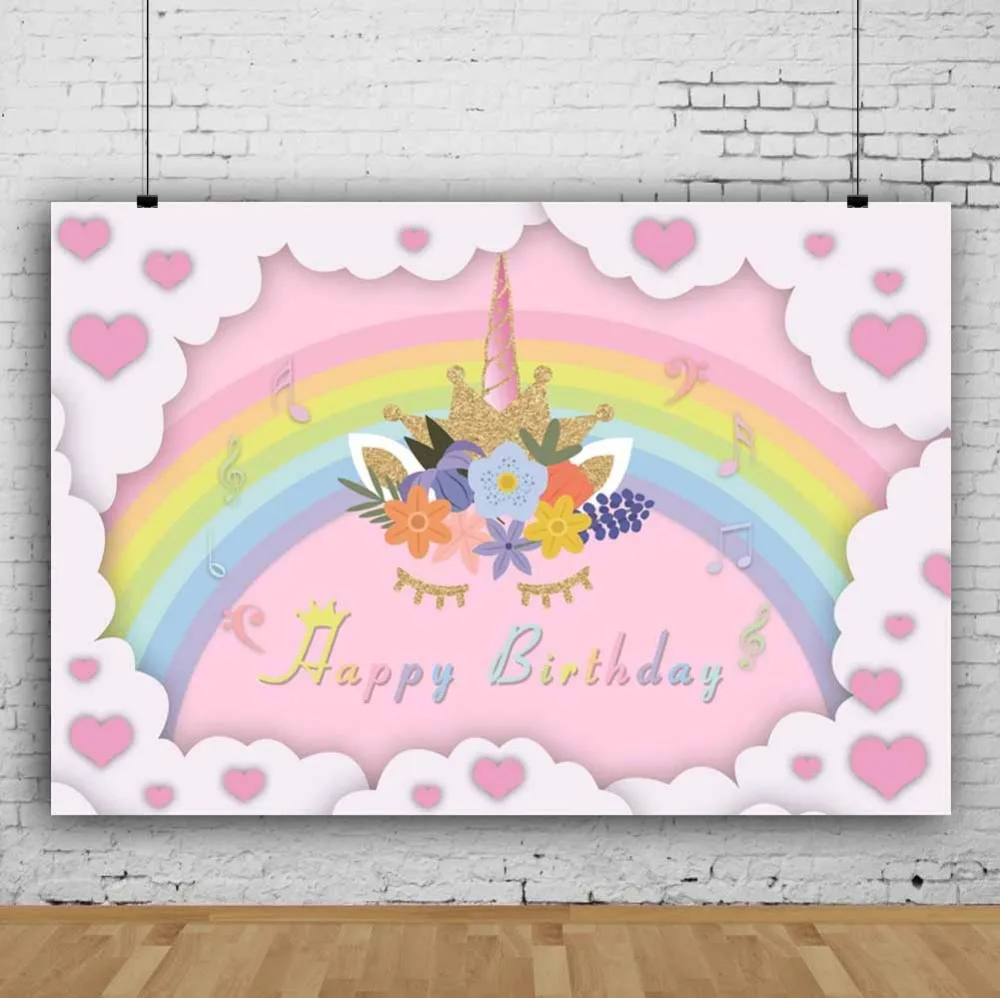 Laeacco Rainbow Backgrounds Baby Birthday Unicorn Party Gold Crown Flowers Child Portrait Photography Backdrops For Photo Studio