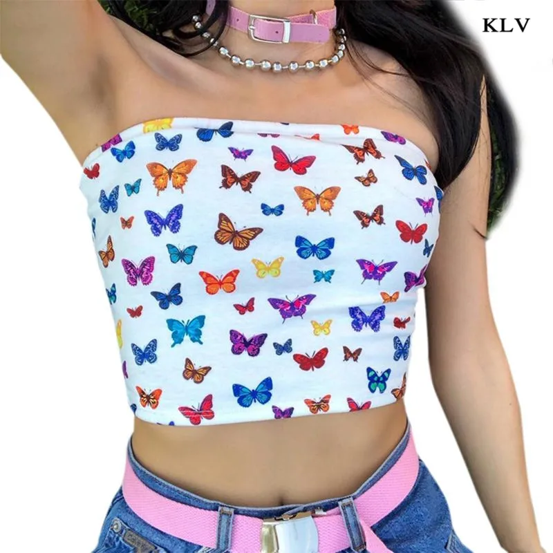 

Women Sexy Off Shoulder Strapless Tube Crop Top Multicolor Butterfly Print Slash Neck Bandeau Slim Beach Party Mini Streetwear