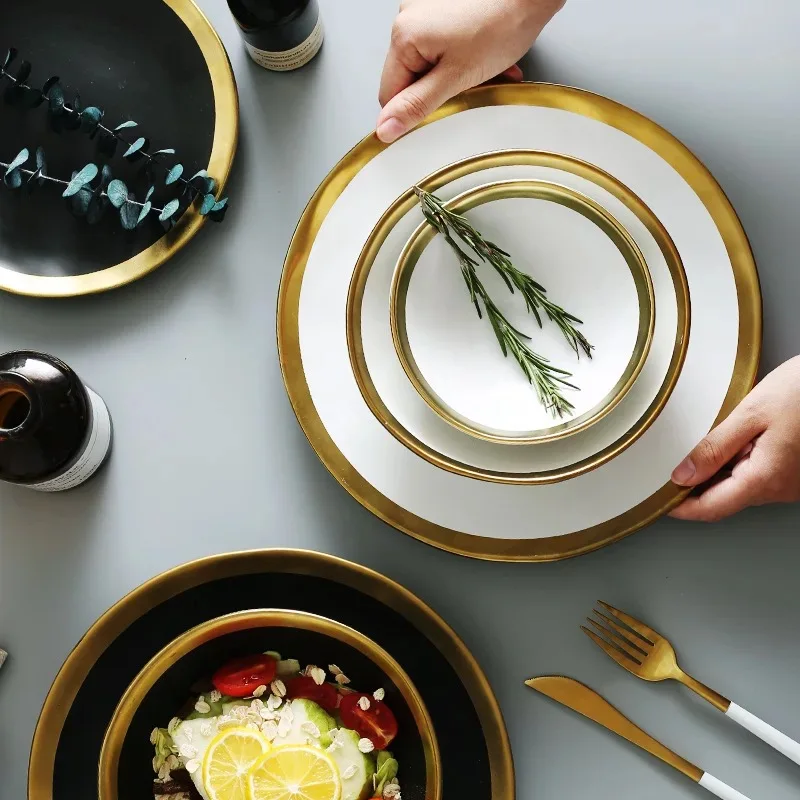 Европейская Золотая боковая керамическая тарелка западные стейки для еды и блюдо рисовый салат миска для десерта тарелка посуда поднос для посуды Кухня