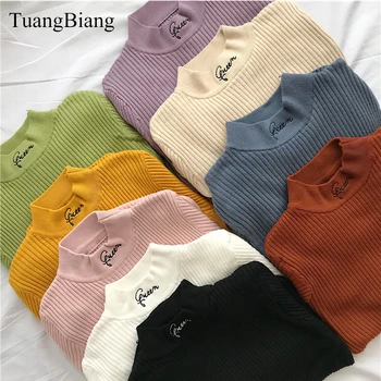 

2018 New ulzzang Autumn Turtleneck Pullovers Sweater agasalho elasticity soft Embroidery Sweaters Winter feminino Letter sweater