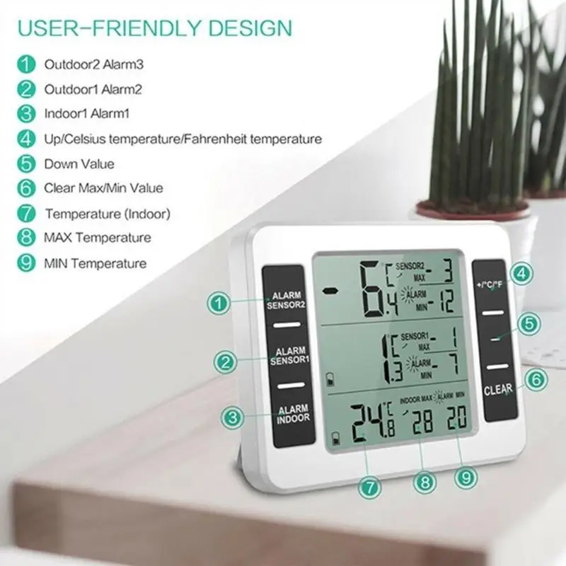 Goede Draadloze Digitale Hoorbaar Alarm Koelkast Thermometer met 2 stuks Sensor Huishoudelijke Indoor Outdoor Thermometer