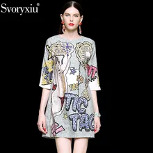 Svoryxiu, подиум, великолепное мини платье, женское, с рукавом 3/4, роскошное, с кристаллами, бриллиантами, буквами, ангелом, с принтом, модные, вечерние, свободные платья