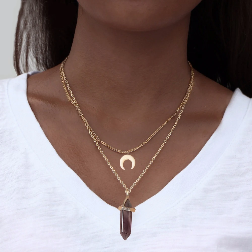 

Big Purple Stone Moon Pendant Tattoo Choker Necklace for Women Geometric Simple Necklaces Long Chain Fashion Women Party Jewelry