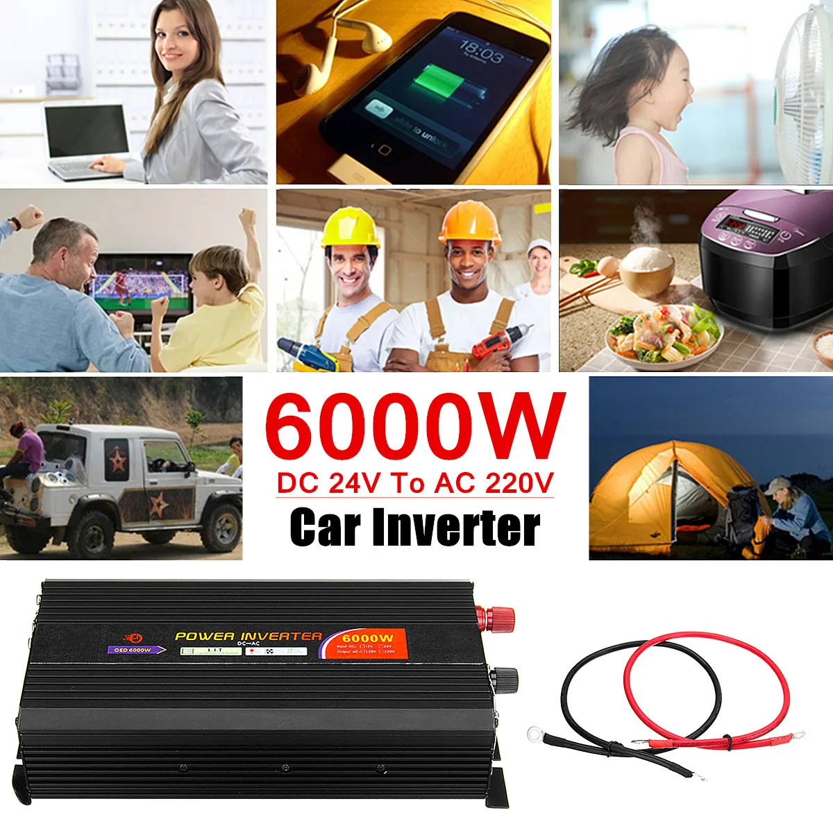 

6000W 50Hz Car Power Inverter DC 24V to AC 220V Modified Sine Wave Converter Adapter Faint Noise 290x130x64mm CE Certification