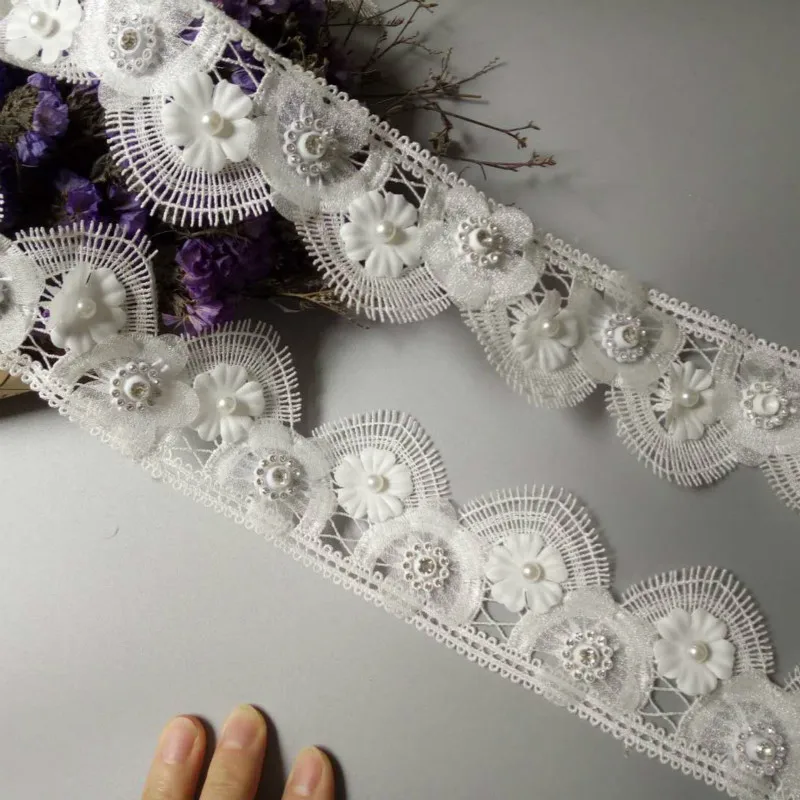 

2Yard White 5.5 cm Pearl 3D Flower Tassel Lace Edge Trim Ribbon Fabric Embroidered Applique Sewing Craft Wedding Dress Clothes
