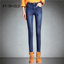 Winter warm cashmere skinny denim Pencil Pants femme elastic High waist embroidered women jeans stretch casual Leggings trousers